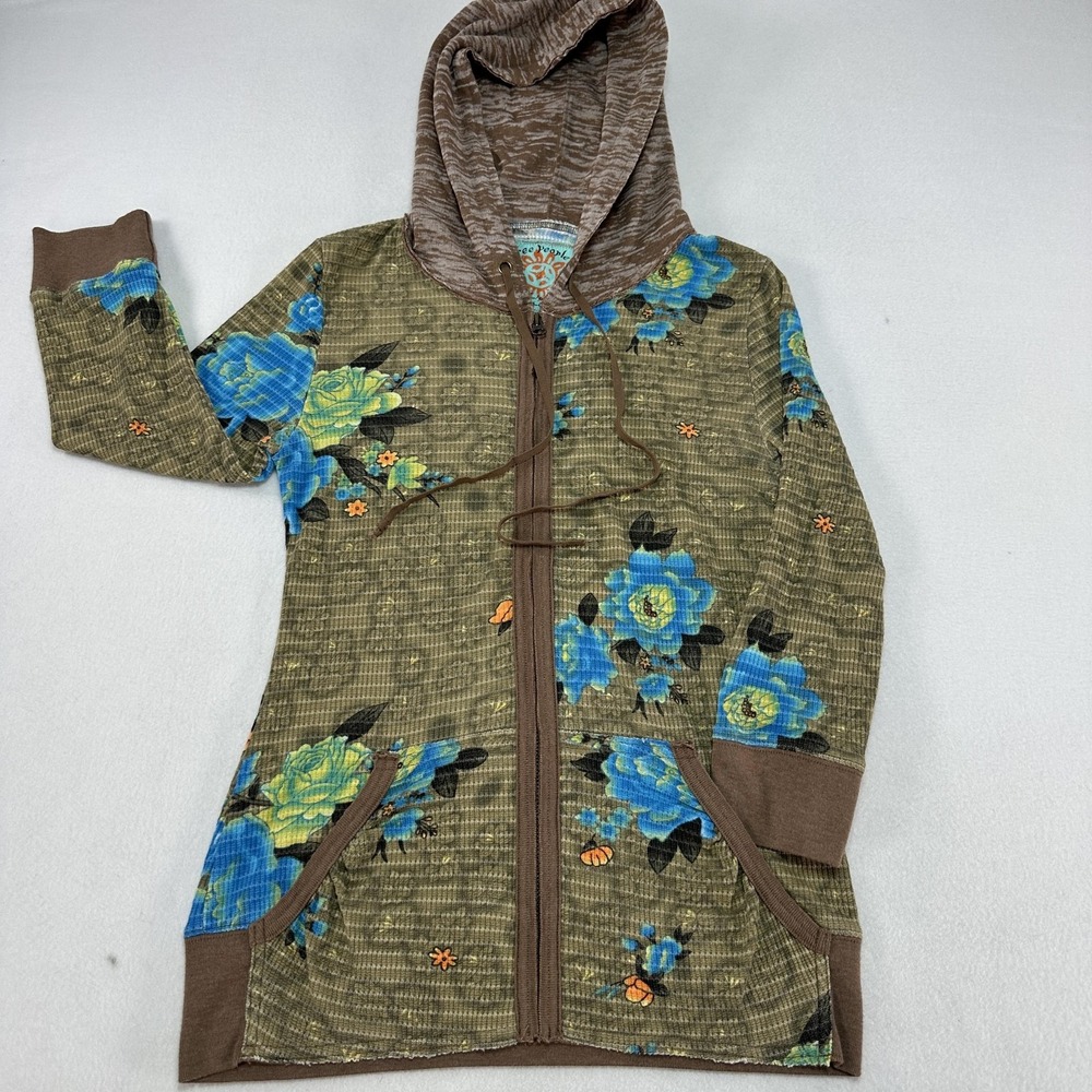Free People Hoodie Womens Medium Multicolor Floral Thermal Full Zip Knit Boho